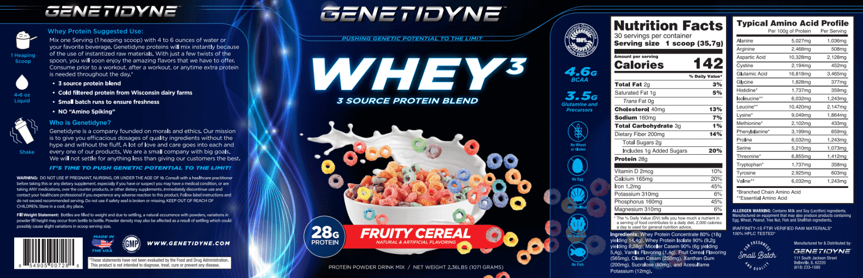 Genetidyne Whey 3 Source Protein Blend Toasty Cinnamon Cereal Flavor P